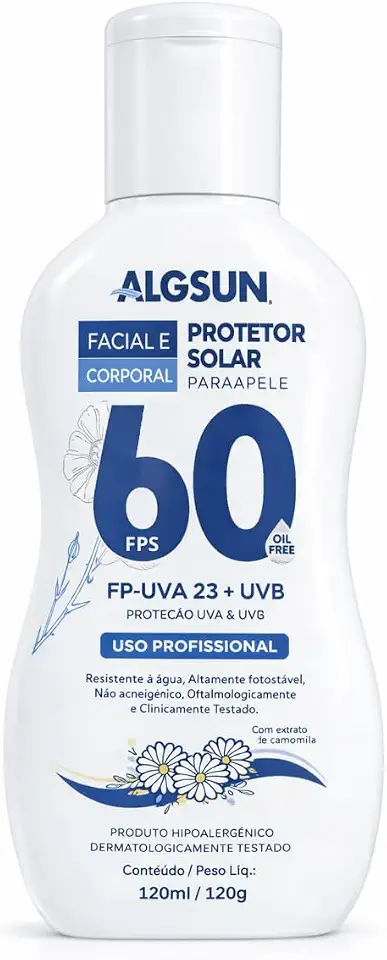 Protetor Solar Algsun Facial e Corporal FPS 60 – Proteção UVA/UVB, Oil Free, Resistente à Água, Uso Profissional, 120ml