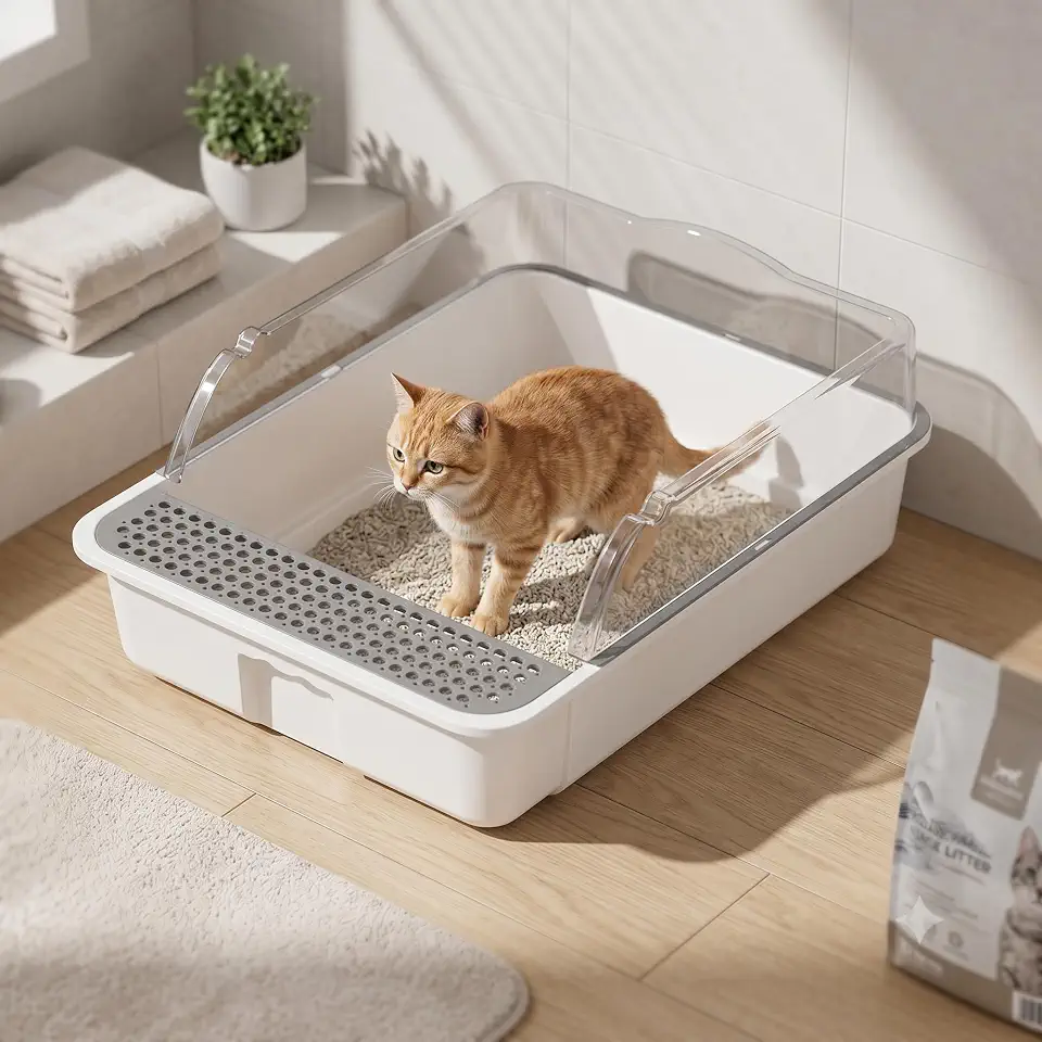 Caixa de Areia para Gatos Modelo Grande com Pá Para Areia, Bandeja Sanitária com Canto Alto Anti-Projeção, Fácil de Limpar, Ideal para Gatos Grandes e Multi-Gatos, Branco