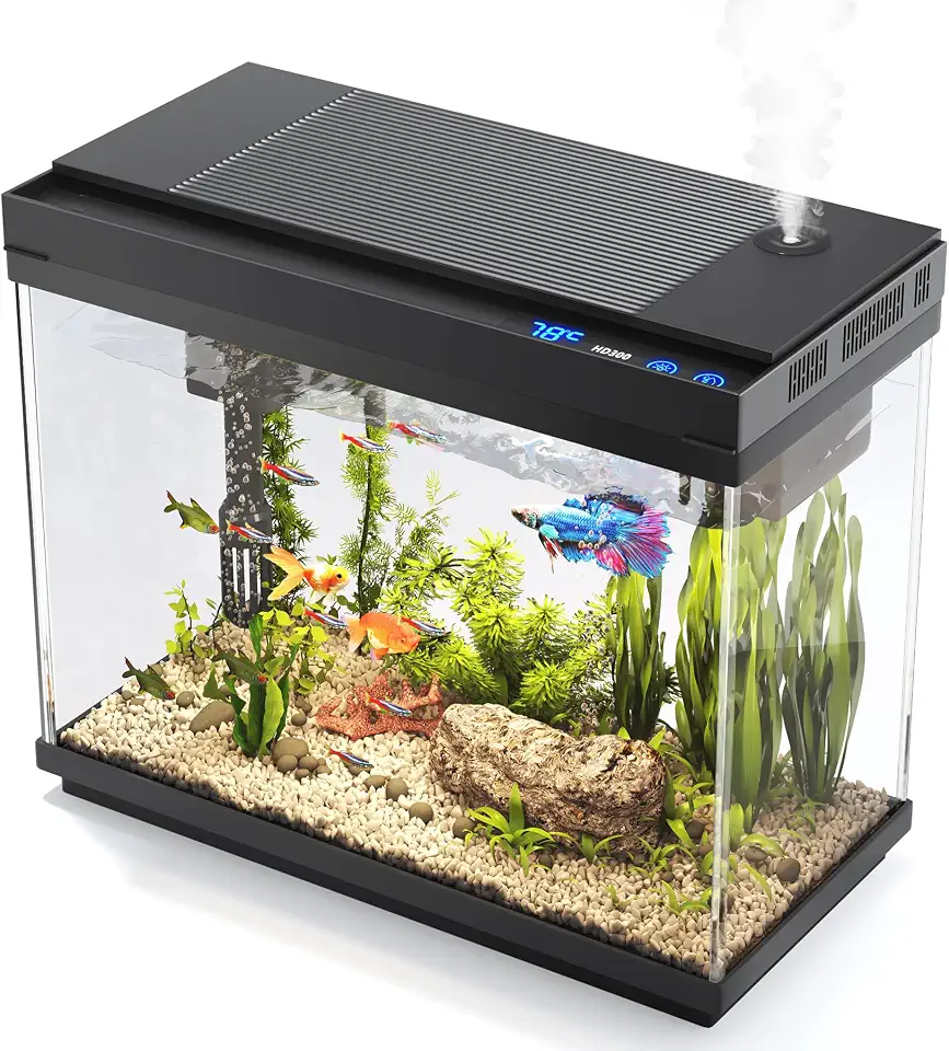 Vehipa Tanque de peixes, aquário de 6 litros, kit inicial de tanque de peixes com umidificador inteligente, exibição de temperatura, iluminação de 7 cores, bomba silenciosa 3 em 1 com filtração