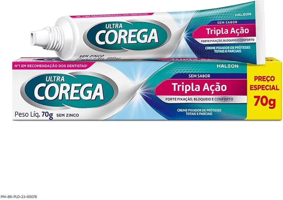 Corega Ultra Creme Fixador de Dentadura e Próteses Tripla Ação, Forte Fixação por até 12h, Sem Sabor, 70g