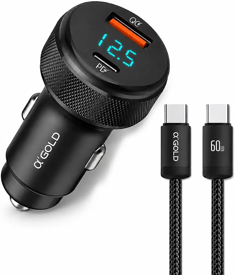 Carregador Veicular Turbo 60W USB-C e USB para Automóvel + Cabo USB-C Premium, Carregamento Rápido PD e QC, Duas Portas para Celular, Tablet e Dispositivos Compatíveis, Exibição em LED