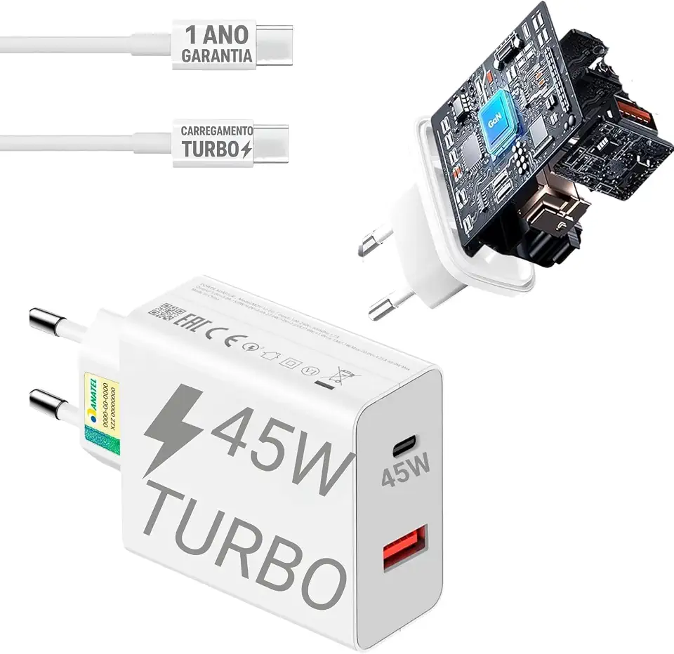 Carregador Tipo C Turbo Power USB-C 45W Compatível Xiaomi Redmi Note 15 Pro 14 13 14 Poco X7 Pro X6 X5 Xiaomi M7 Pro M6 M5 M4 M3 Poco F7 Pro F6 F5 Carregamento Rápido Celular Universal 10CLICK®