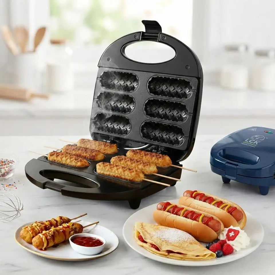 Máquina de Crepe e Hot Dog Antiaderente, 750W 110V, 6 Cavidades para Linguiça e Queijo, Placa Antiaderente com Duplo Aquecimento