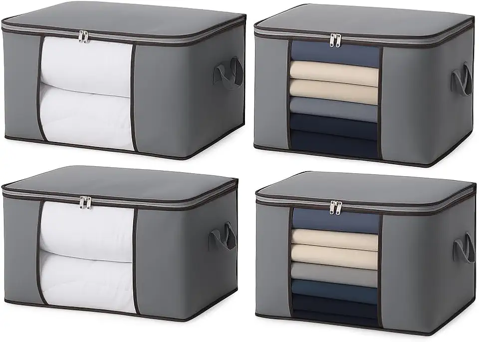 Kit c/ 4 CAIXA Sacos Organizadores REFORÇADO de Roupas e Edredons – Visor Transparente, Zíper Forte, Alças Laterais, Dobrável, Empilhável – Ideal Closet, Cama, Brinquedos e Viagens (Kit c/4)