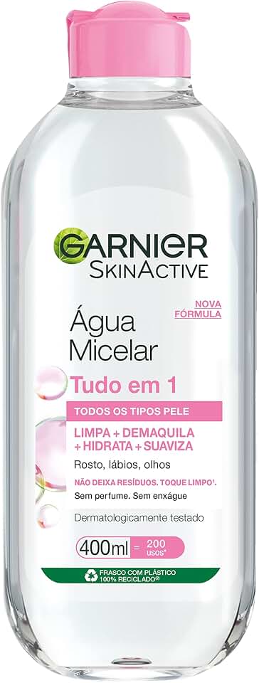 Garnier SkinActive Água Micelar de Limpeza Tudo em 1, Solução Demaquilante que Limpa, Tonifica e Remove Oleosidade, Fórmula Suave Sem Álcool para Todos os Tipos de Pele, 400ml