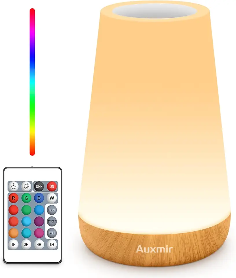 Auxmir Luminária Noturna Recarregável de LED, Luminária de Cabeceira com Controle por Toque e Controle Remoto com 13 Cores, 5 Níveis de Brilho, Luminária de Mesa Portátil para Berçário de Crianças