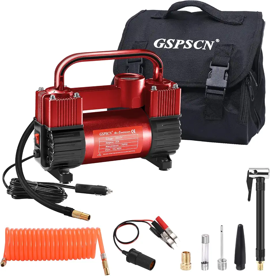 GSPSCN Inflador de pneu vermelho, cilindros duplos resistentes, compressor de ar portátil de metal DC 12V - acessórios para carro, bomba de pneu de 150PSI com adaptador para carro, caminhão, pneus SUV