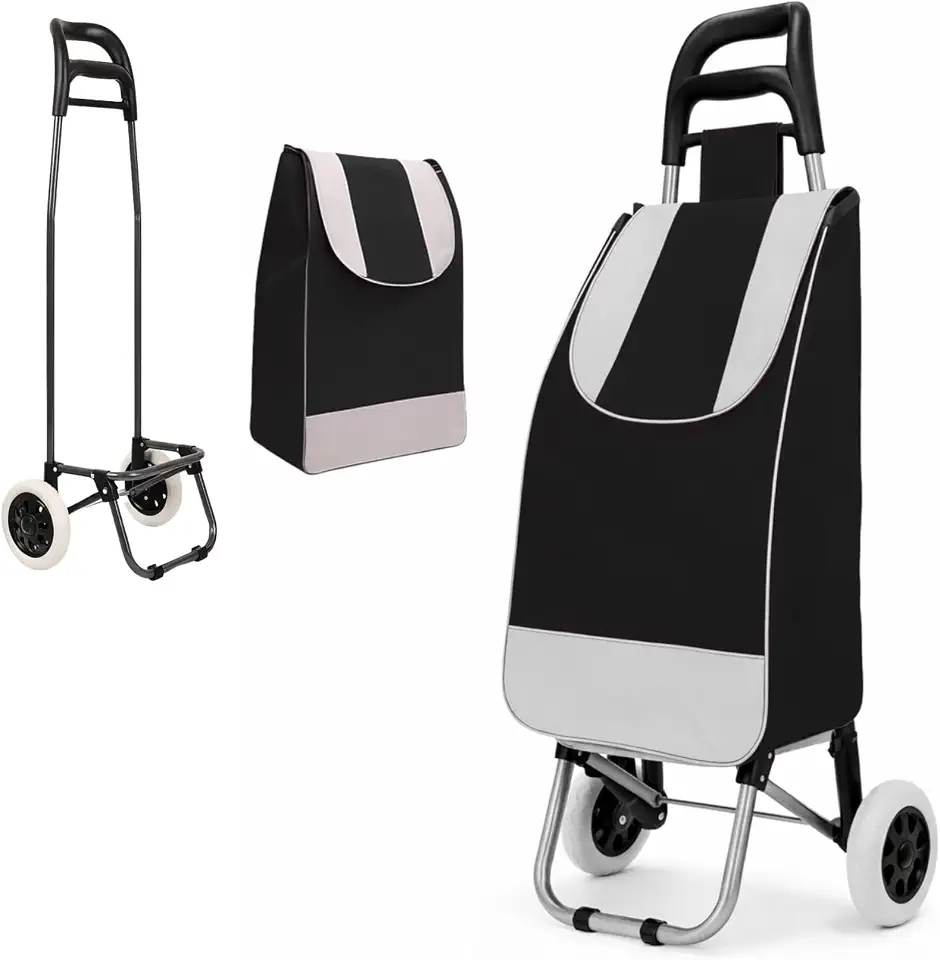 Carrinho de Compras Dobrável para Feira, Supermercado, Praia, Camping, com Rodas Reforçadas, Suporta até 30kg, Fácil de Montar e Desmontar (Preto)