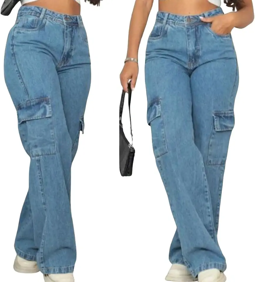 Calça Jeans Cargo Feminina Bolso Lateral Wide Leg