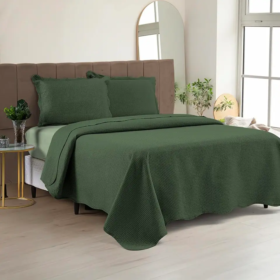 Cobre Leito Colcha Casal Queen Dupla Face com Toque Macio 200 Fios Ultrasonic 03 Peças Bulet - Verde