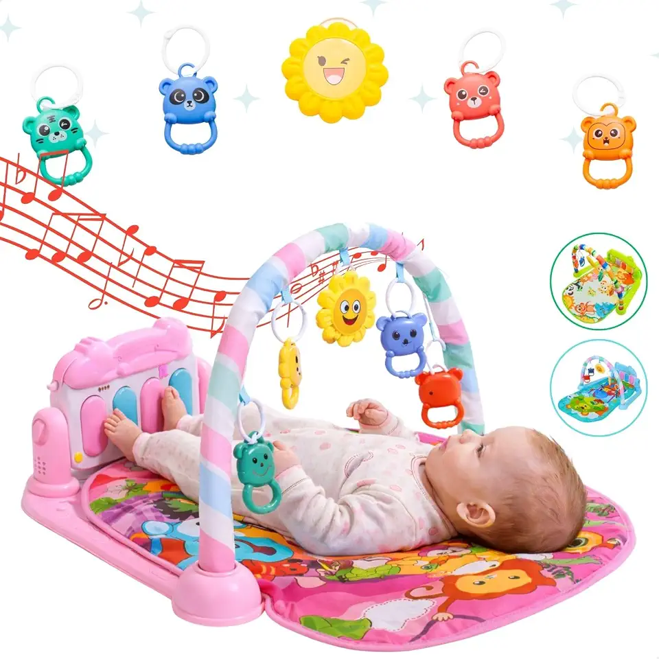 Tapete de Atividades Musical com Piano para Bebê, Arco de Brinquedos Interativos, Estampado e Cores Vibrantes (Rosa)