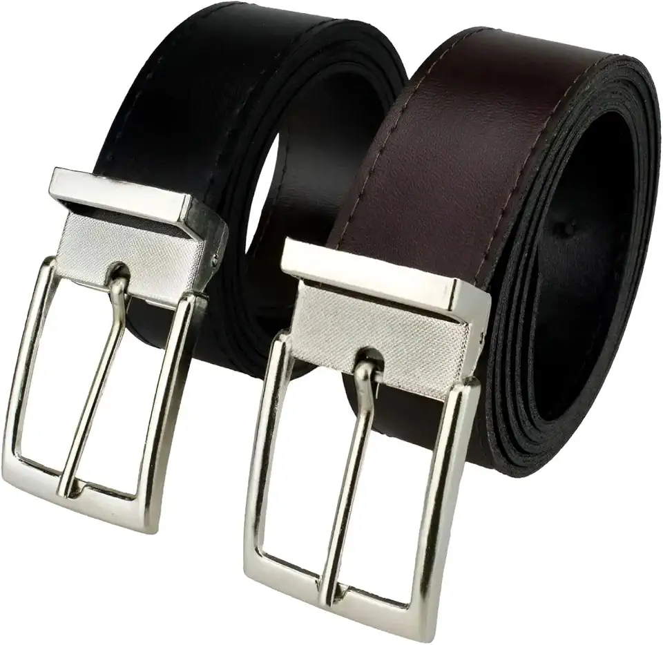 Kit 2 Cintos Social Masculino Couro Ecológico Dupla Face, Fivela prateada - TONSHOP