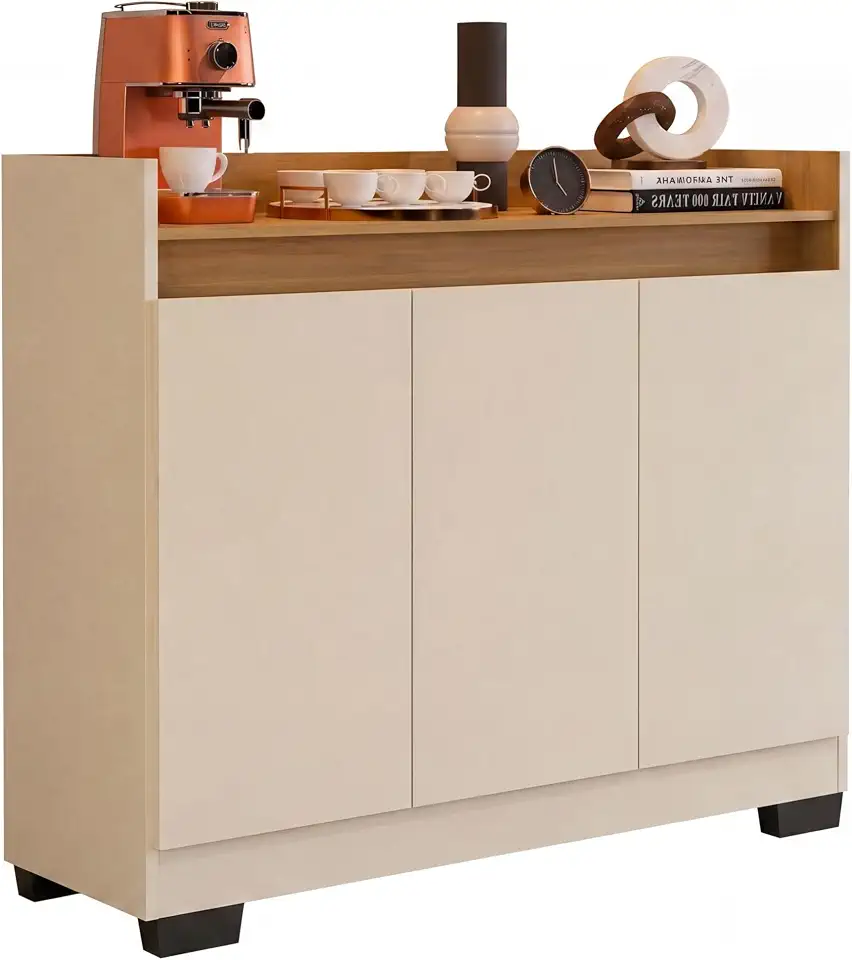 Aparador De Sala Moderno Em Madeira Cantinho Café Com 3 Portas - Quality Móveis (OffWhite/Nature)