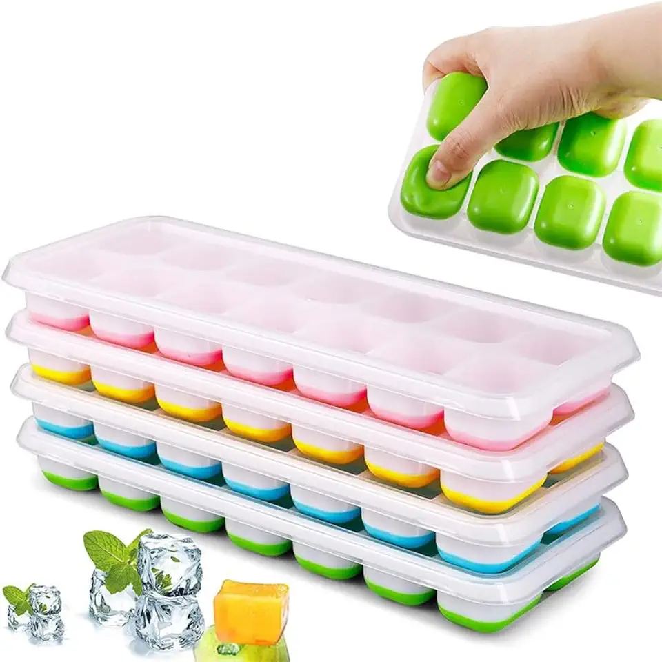 Kit 4 Unidades Forma Com Tampa Gelo Ice Flexivel Forminha Fundo Silicone 14 Cubos Alimentos Frutas Papinha