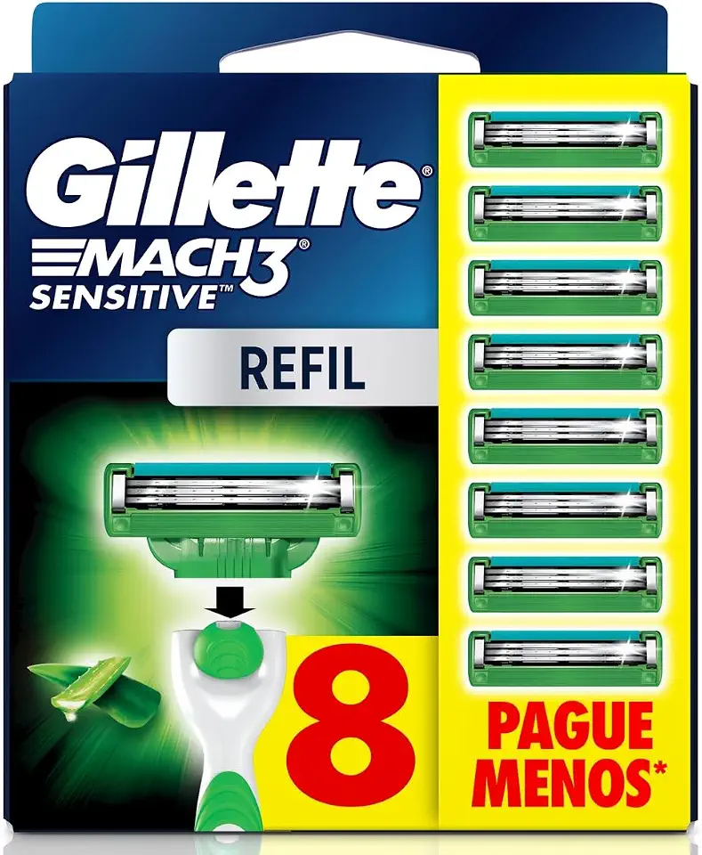 GILLETTE Mach3 Sensitive Carga para Aparelho de Barbear Reutilizável , 8 Refis com Aloe, Barbear Rente com Menos Irritação para Homens com Pele Sensível