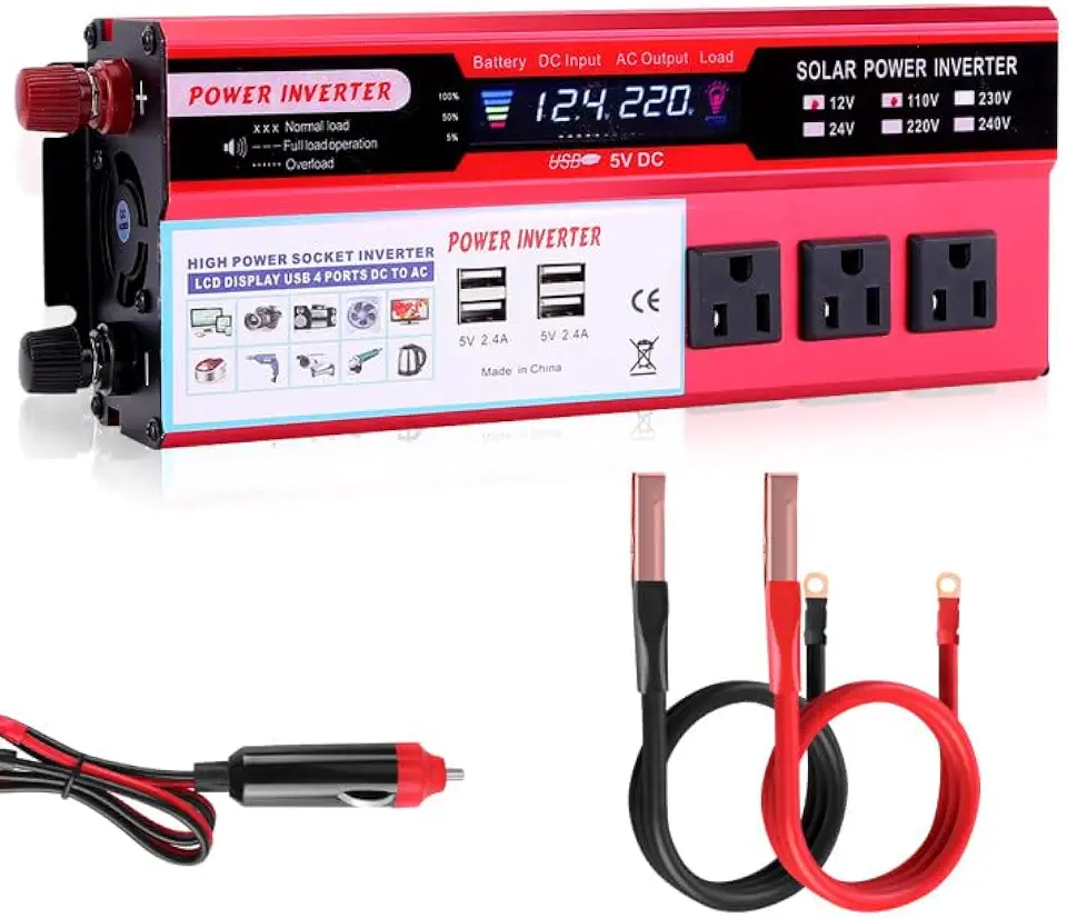 Inversor De Energia Solar De 2000 Watts, Conversor De Energia Solar De 12V Cc Para 110V-120V Ca Com 3 Tomadas Ca, 2 Portas De Carregamento Usb E Display Lcd Para Sistemas De Energia Solar