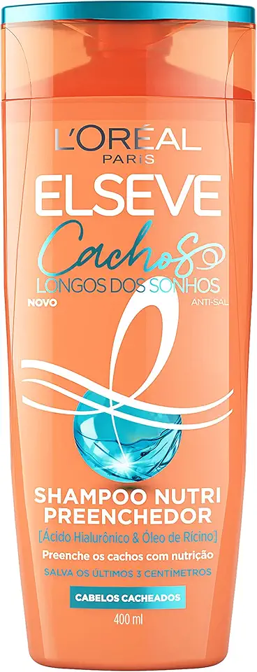 Elseve Cachos Dos Sonhos Shampoo Nutri Preenchedor, Limpa e Nutre Profundamente para Cachos Longos, Fortes e Definidos, com Ácido Hialurônico e Óleo de Rícino, 400ml