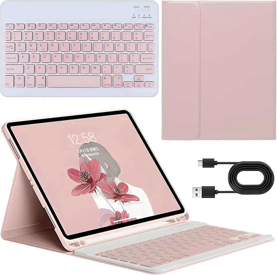 Capa com Teclado Universal para iPad 10.2” (7ª/8ª/9ª Geração), iPad Air 3 (10.5”) e iPad Pro 10.5” (2017) - Teclado Bluetooth Destacável com Porta-Lápis, Capa Fólio Protetora (Rosa)