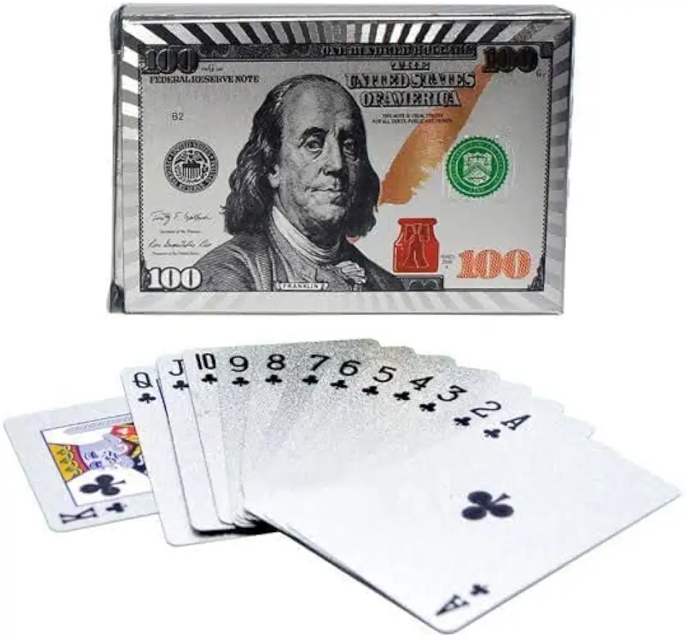 Baralho Prata Luxo 54 Cartas com 2 Coringas Design Dólar 100 Impermeável Durável Poker, Truco, Buraco e Jogos de Mesa Deck Tranca Cards