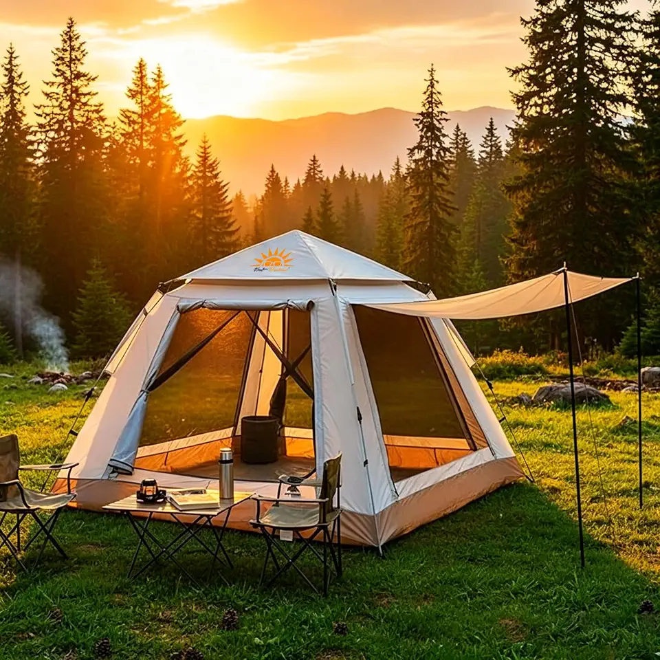 Barraca de Camping 4-6 Pessoas Impermeável Automática com Mosquiteiro, ComVobertura e Proteção Solar Dobrável Camping Equipamentos,Dobrável