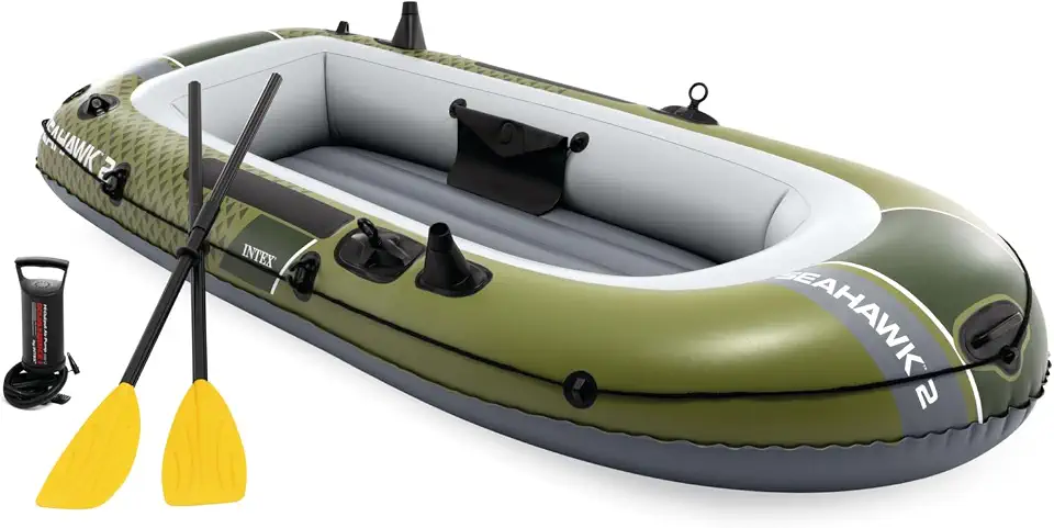 INTEX Conjunto de barcos infláveis Seahawk 66332EP 2: Inclui remos de alumínio deluxe de 122 cm e bomba de alto rendimento – PVC SuperStrong – Suportes para vara de pesca – 2 pessoas – Capacidade de