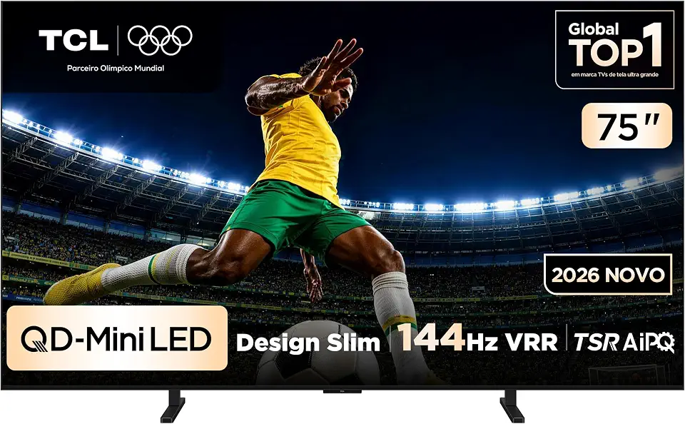 TCL PREMIUM 4K QD-Mini LED TV 75" A400M Google TV, 144 Hz VRR, Tela HVA, Processador AIPQ Pro.