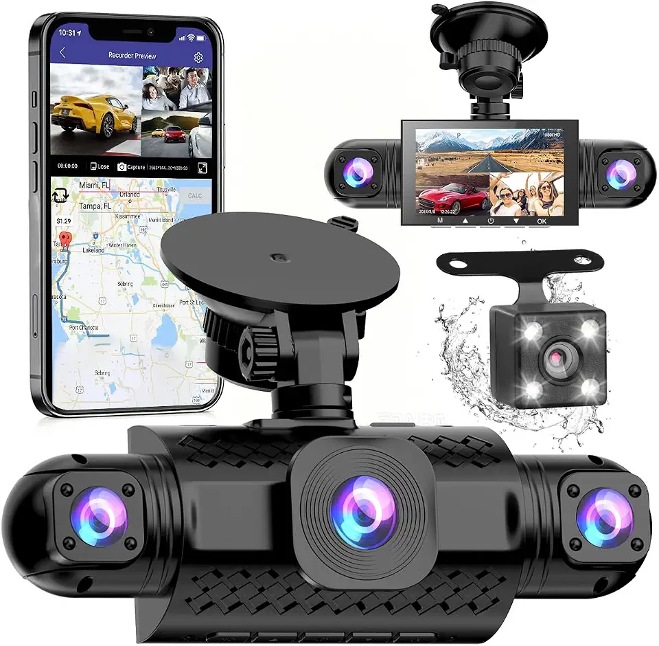 Câmera Veicular 4 Lentes Full HD 1080P, Dash Cam Frontal, Interna e Traseira, Visão Noturna IR, Tela IPS 3.0", Ângulo 170°, Sensor G, Gravação em Loop, Monitoramento de Estacionamento, Cartão 64GB