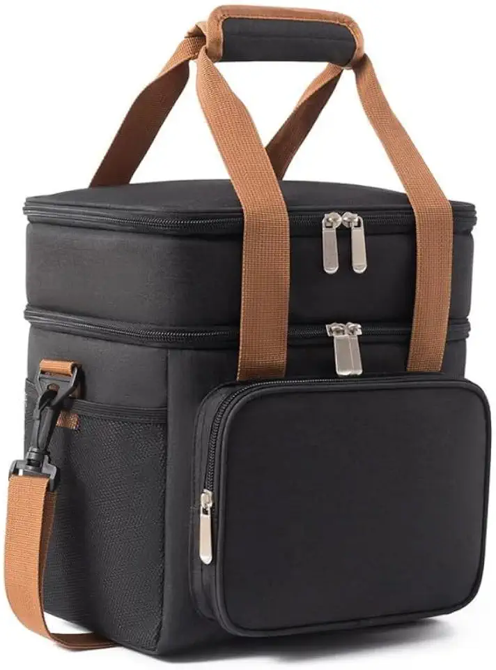 Bolsa Térmica Grande Espaçosa Dois Compartimentos Lancheira Para Marmita, Passeio, Escola, Faculdade, Trabalho Lancheira Térmica Com Alça, PREMIUM (Preto com Marrom)