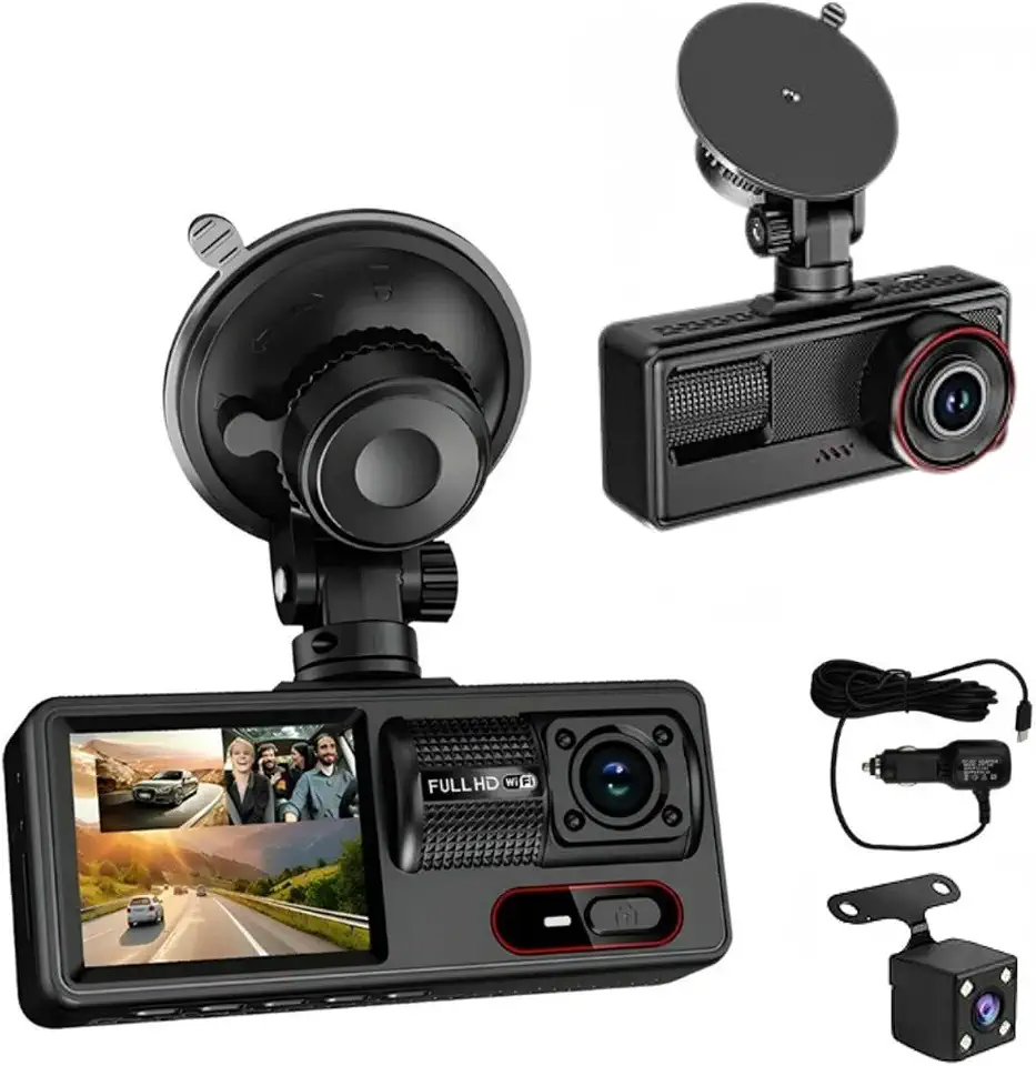 Câmera Veicular 3 Lentes Full HD 1080p (Frontal + Interna + Traseira) | Dash Cam Tripla para Motorista de App Uber com Visão Noturna, Sensor G e Tela IPS 2.0" | Monitoramento Completo