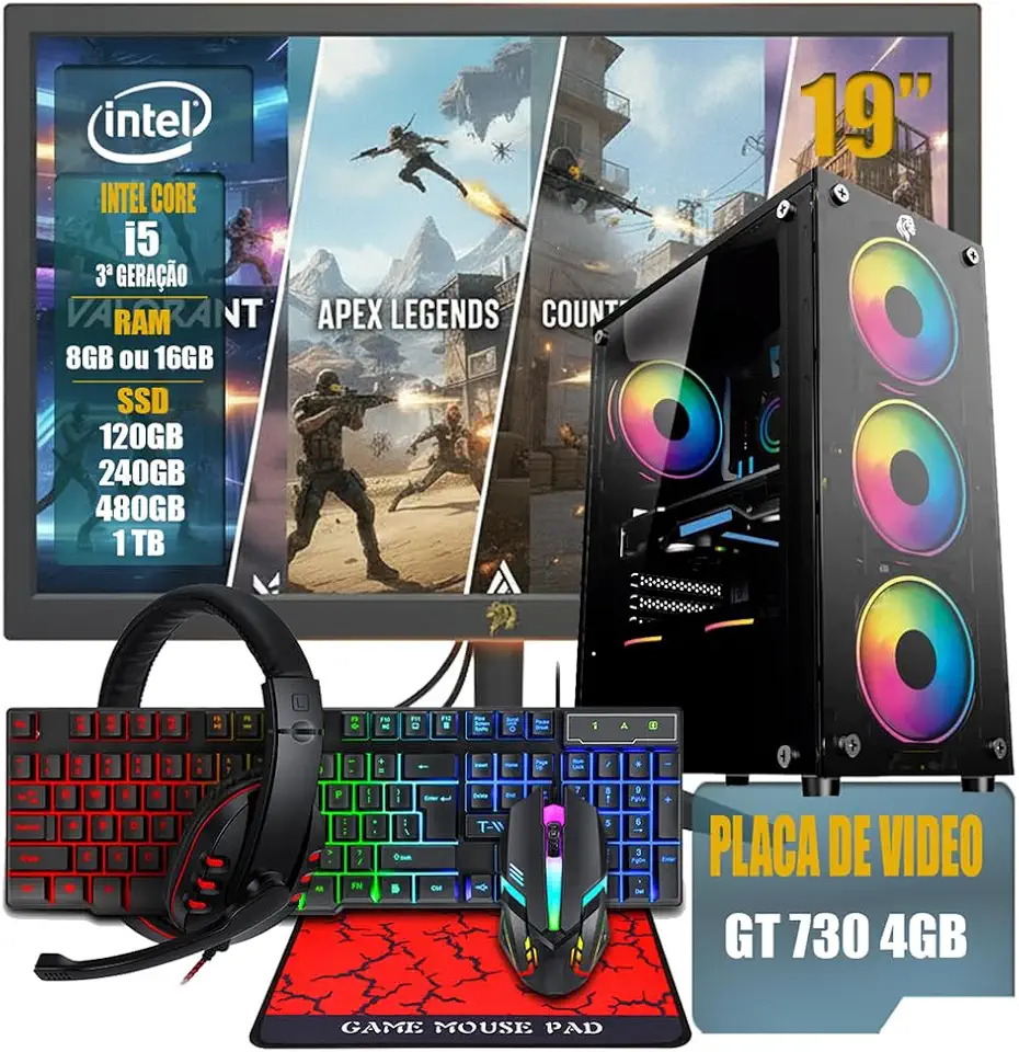 PC Gamer Completo Intel Core i5 3ª Geração, Opções 8GB/16GB RAM, SSD 120GB/240GB/480GB/ 1TB, Placa de Video GT 730 4GB, Windows 11, Monitor LED 19,Teclado e Mouse Gamer, HeadSet (GB, 16, GB, 240)