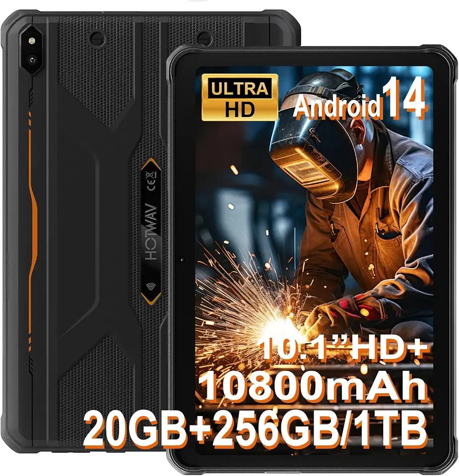 HOTWAV Tablet robusto R10 Pro, 20 GB + 256 GB/TF 1 TB Android 14 Tablet, tablets HD + à prova d'água de 10,1 polegadas, bateria de 10800 mAh, câmera de 13 MP, octa-Core/Dual SIM 4G/WLAN 5/IP68 e IP69K