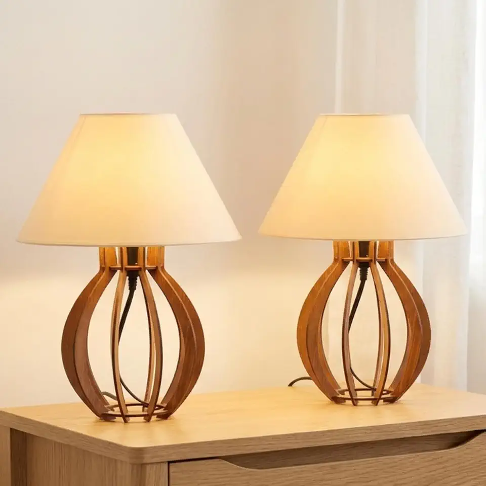 La Finesse Kit 2 Unidades Abajur Cúpula Bege - Luminária para Decoração Quarto e Sala - Base em Madeira MDF - Bivolt