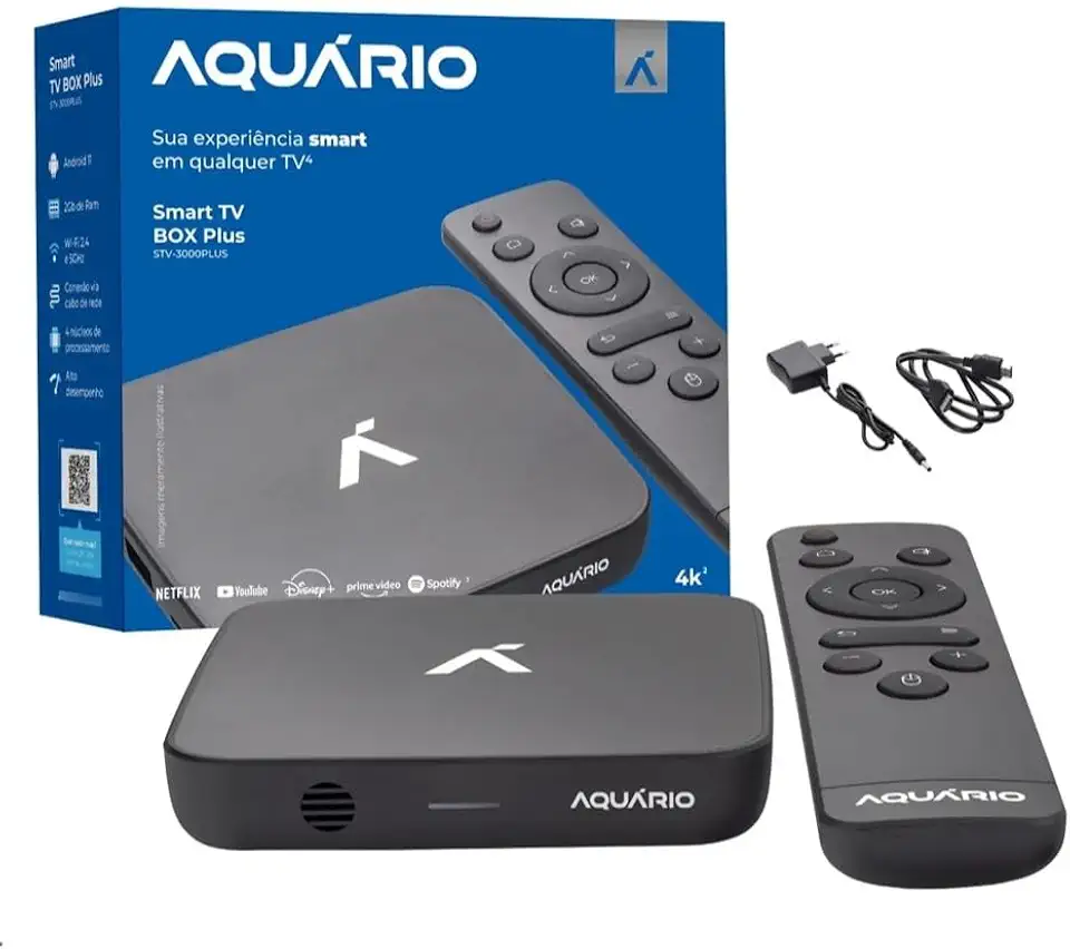 Smart TV Box Android 11, 4K Ultra HD 60fps, Wi-Fi Dual Band, 2GB RAM, 16GB Armazenamento, Espelhamento de Tela, com Controle Remoto e Cabo HDMI