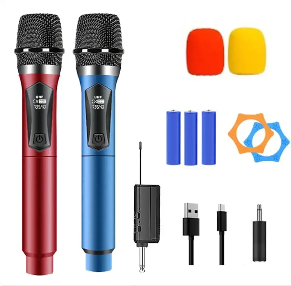 Kit de Microfones Sem Fio Profissionais, Duplo, com Receptor UHF, para Karaokê, Eventos e Palestras, Preto (Azul & Branco)