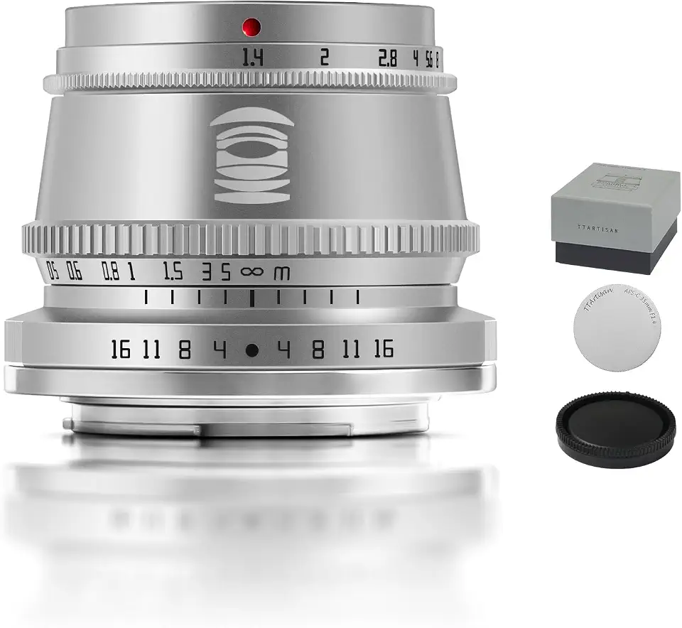 TTArtisan Lente de câmera 35 mm F1.4 APS-C versão prata para câmeras Fuji X Mount como X-A10, X-M2, X-H1, X-T1, X-T10, X-T2, X-T20, X-T3, X-T4, X-T100, X-T200, X-T30, X-PR03, X-E1, X-E2, X-E2, X-E2S2S2S2S2S2, X-E2S2S2S2, 、X-E3、XS10..
