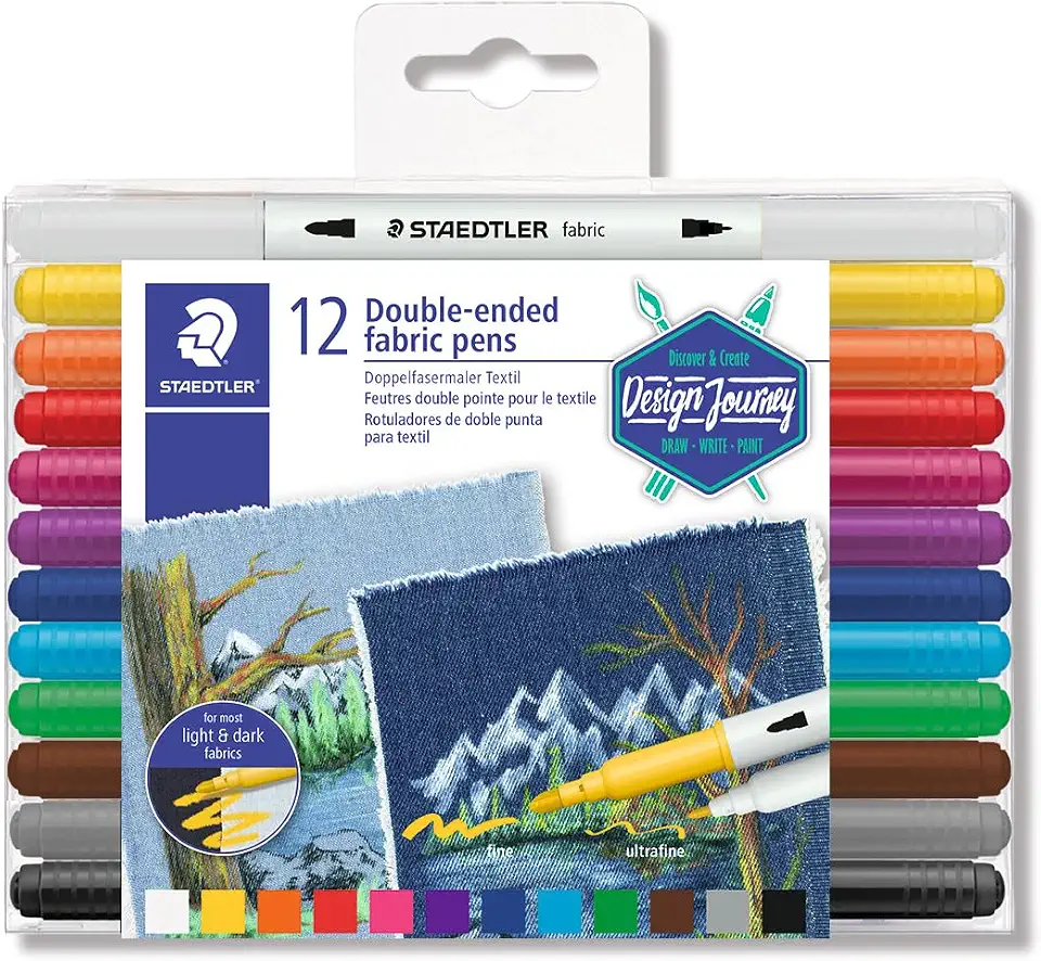 STAEDTLER Caneta Ponta Dupla Para Tecido - 12 Cores - 3190 TB12 - Uso em Tecidos Claros e Escuros, Secagem Natural em 24h, Cores Duráveis, Não Precisa de Calor para Fixação