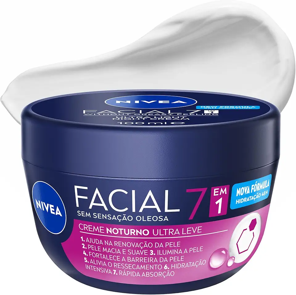 NIVEA Creme Facial Noturno Ultraleve 7 em 1 100g, Renovação da Pele, Hidratação 48h, Pró-Vitamina B5, Cuidado Facial Noturno