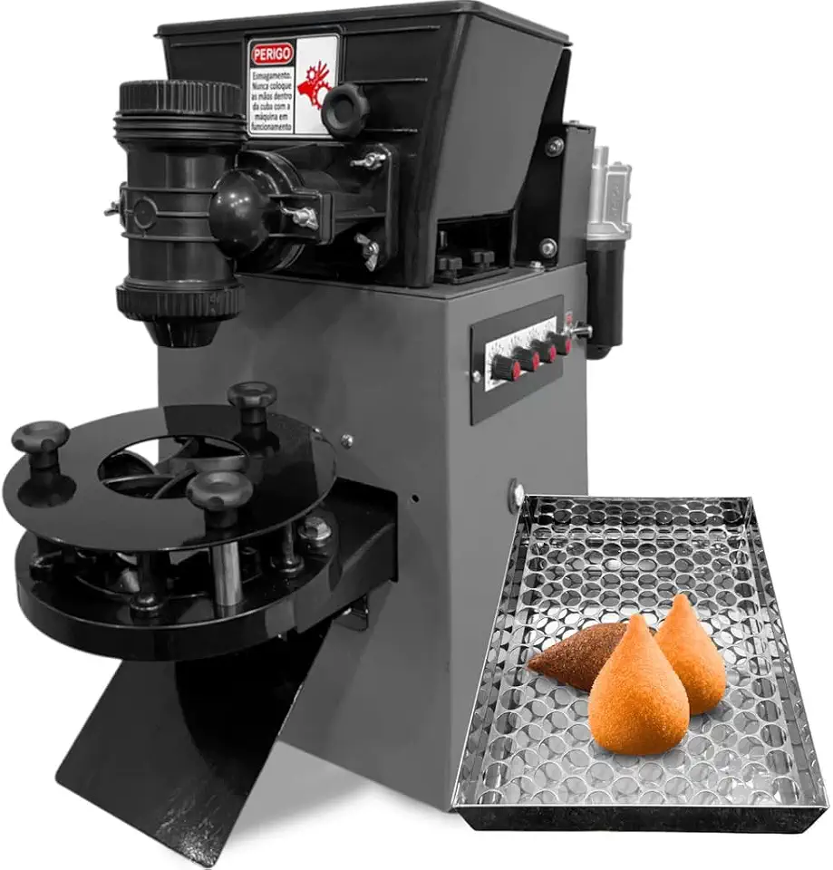 Máquina de Fazer Salgados Automática, 220V, 7g a 150g, 40kg/hora, 3 Motores, com Escorredor de Óleo Inox