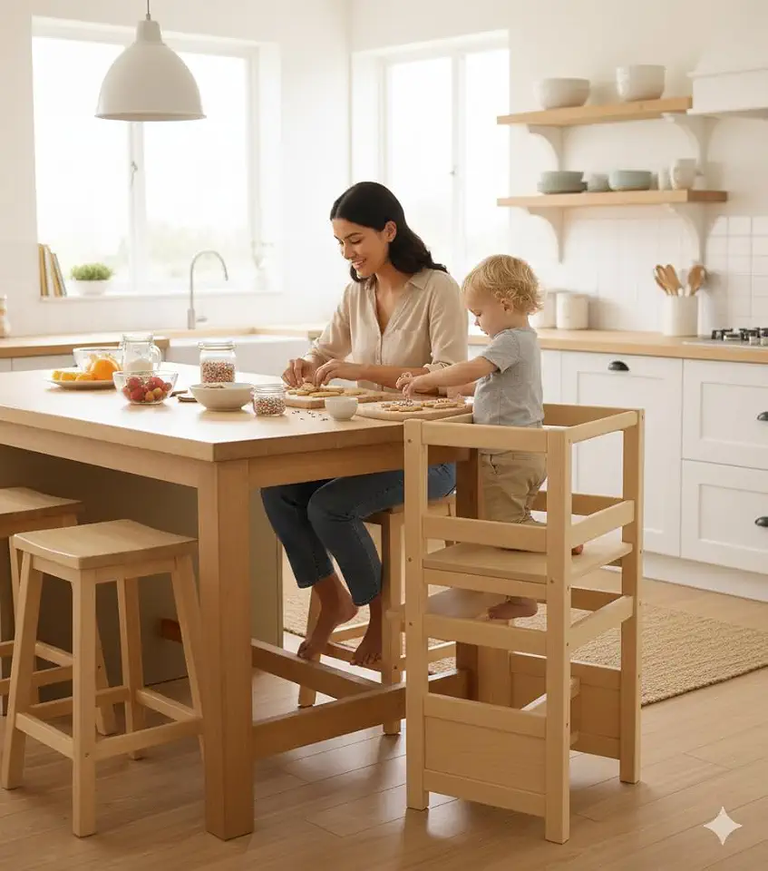 Torre de Aprendizagem 4 em 1 Montessori em Madeira Pinus – Infantil, 2 Níveis de Altura, Cadeirão e Mesinha – Autonomia e Desenvolvimento