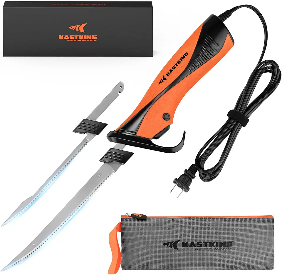 KastKing Faca elétrica Speed Demon 110v, corte preciso com motor de alto torque, segurança certificada ETL, cabo leve equilibrado, 2 conjuntos de lâminas de aço inoxidável