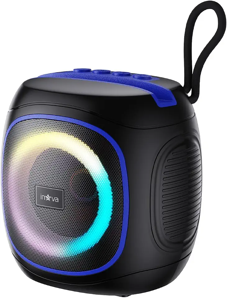 INAVA Caixa de Som Portátil com Suporte para Celular, 15h de Bateria, IPX6 à Prova d'Água, Luzes RGB, Som 360°, TWS/FM/USB/TF (Azul)