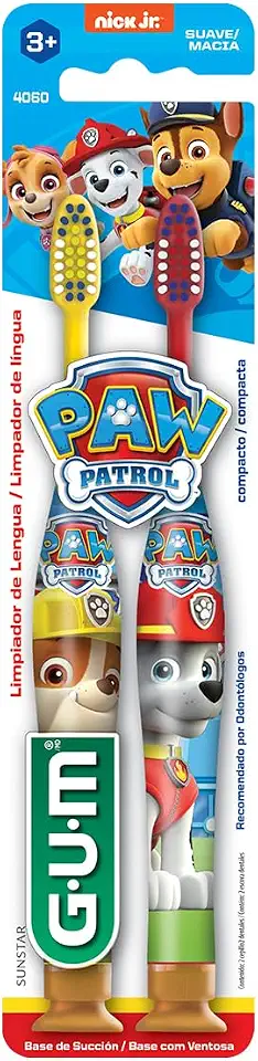 Escova Dental Infantil GUM Patrulha Canina, cerdas macias e limpador de língua, 2 unid, Gum, Sortidas, pacote de 2