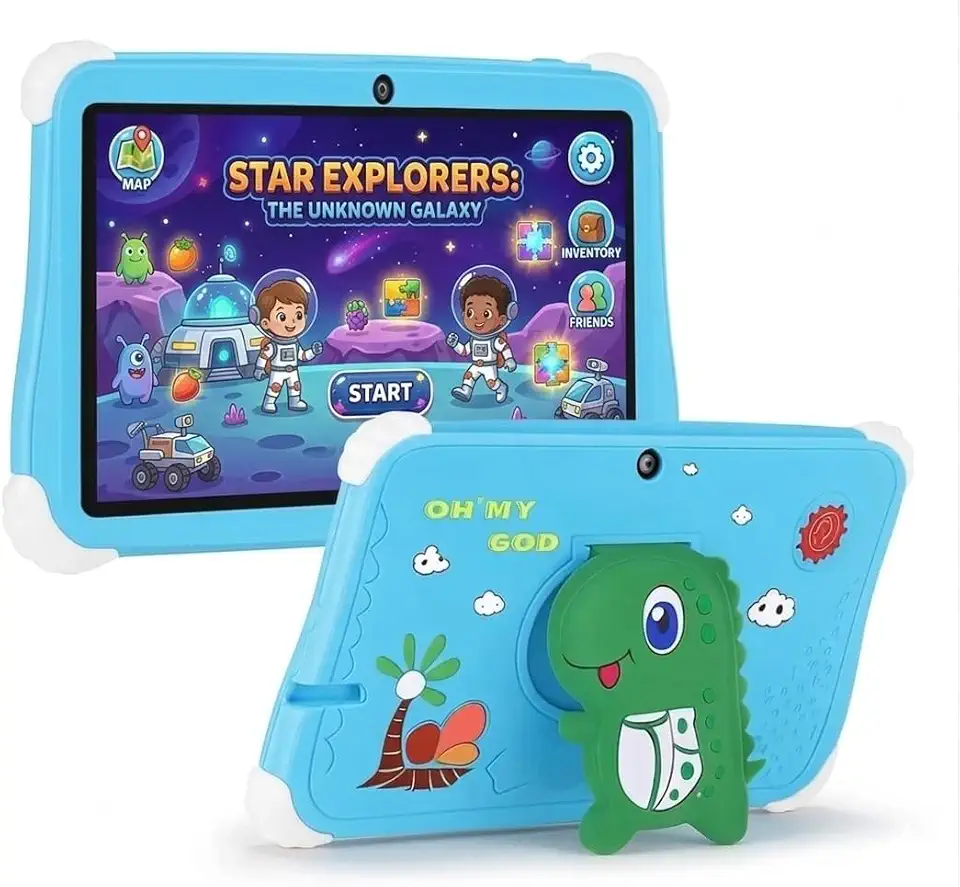 Tablet Infantil Dinossauro Kids Tela 7" 4GB RAM 64GB Android 13 Wi-Fi Bluetooth Bateria 3000mAh Câmera, com Capa Anti-queda para Jogos, Entretenimento, Diversão (Azul)