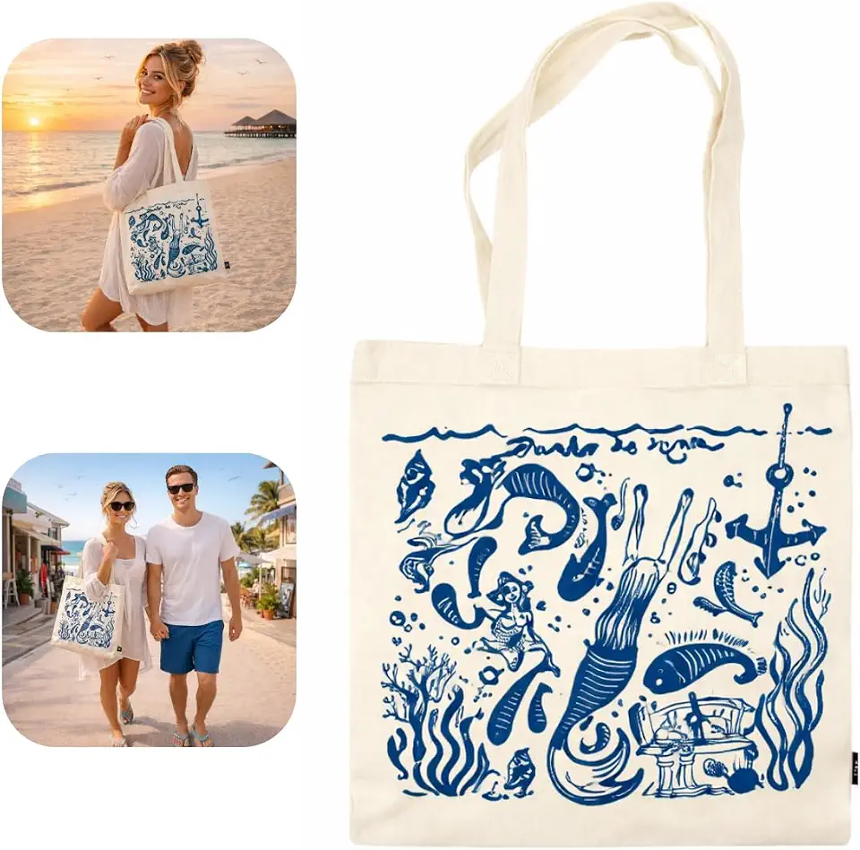 Bolsa Bag Linha Mar Alça de Ombro Dupla Longa Estampa Oceano Animais Marinhos Tema Desenho Sacola Ecologica Moda Praia Passeio Amplo Diário Pano Reforçada Feminina Leve Tamanho Grande