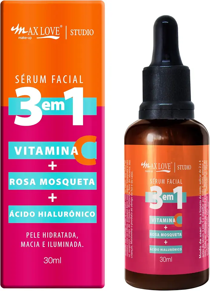 Max Love Serum Facial 3 em 1 Vitamina + C Rosa Mosqueta + Ácido Hialurônico - Pele Hidratada, Macia e Iluminada 30ml
