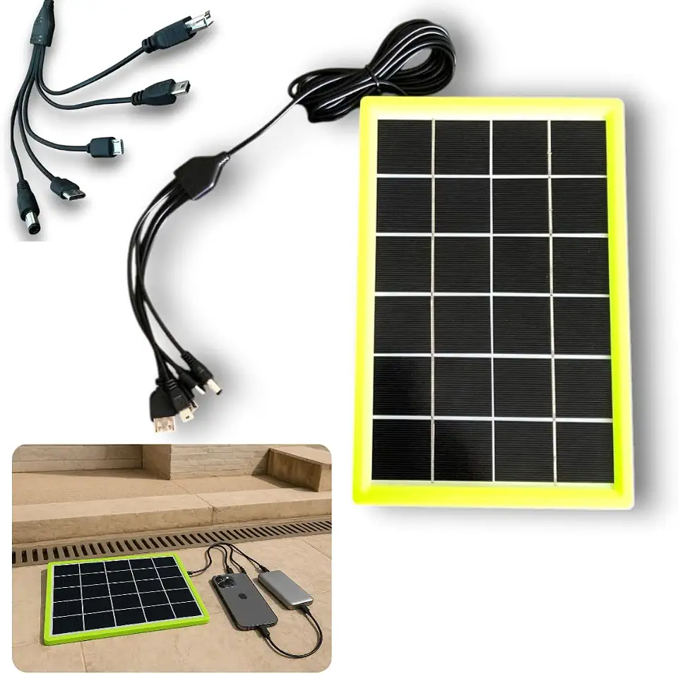 Mini Placa Painel Solar Portátil, 6W, 6V, 27x18cm, 5 Pontas USB, Policristalino