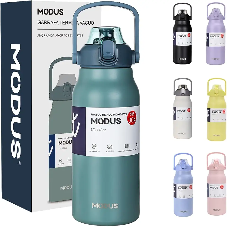 Garrafa Térmica 1700ml - Duplamente Isolada a Vácuo, Canudo e Base Emborrachada Anti Derrapante, Mantém Bebidas Quentes por 12 Horas e Geladas por 24 Horas (Verde)