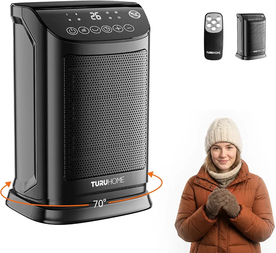 4 em 1 Ventilador de Ar Frio e Aquecedor,Termostato 10°C a 30°C, Oscilação 70° Timer 12h Controle Remoto, Aquecedor Cerâmico PTC, Proteção térmica, Pequeno para Quarto Escritório (127V)