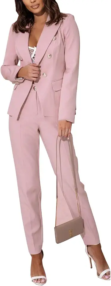 Conjunto de 2 peças de terno feminino com lapela entalhada, trespassado, calça de perna larga, conjunto de roupas casuais para negócios, rosa, 3G