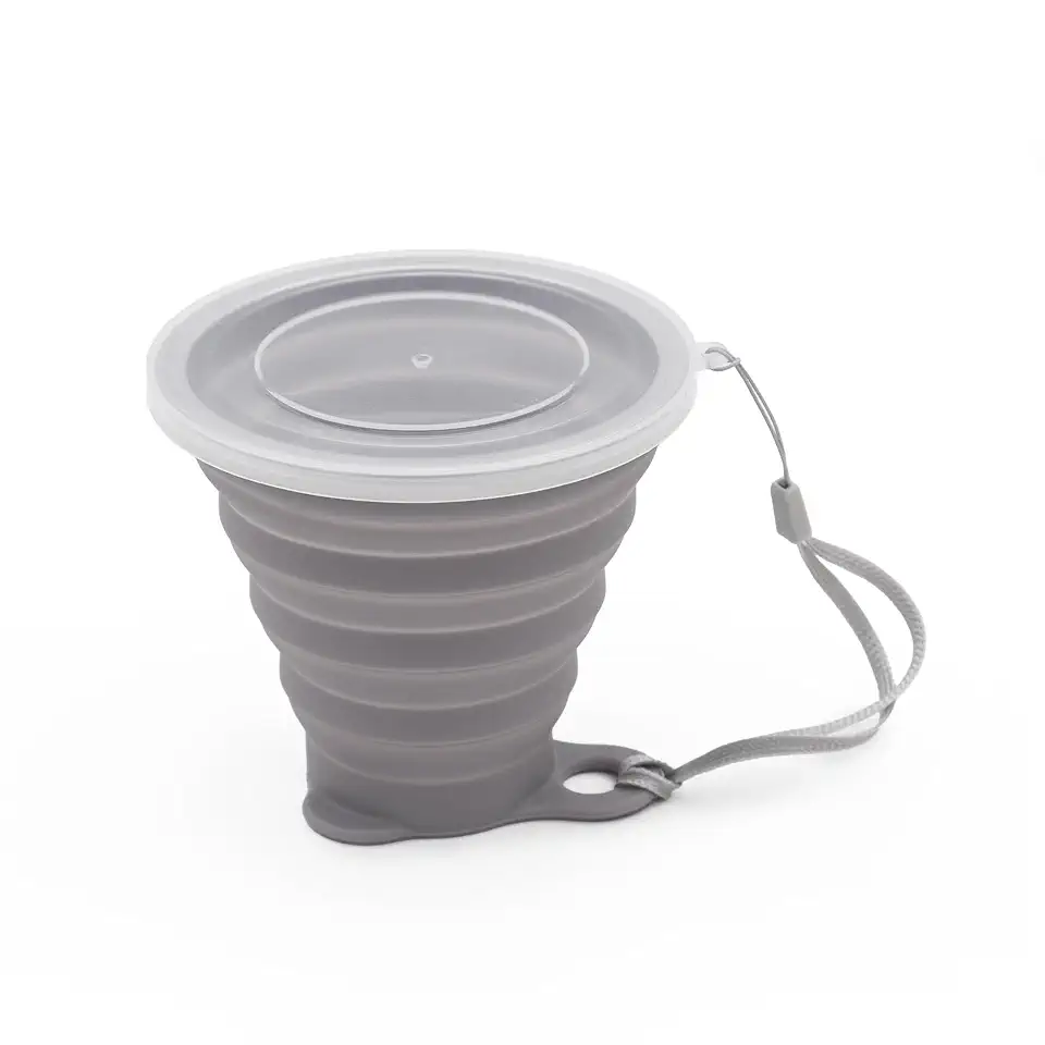 Copo Silicone Dobrável Retrátil Borda de Inox Com Tampa 270ml Ecológico Reutilizável Fino Bolso (Cinza)
